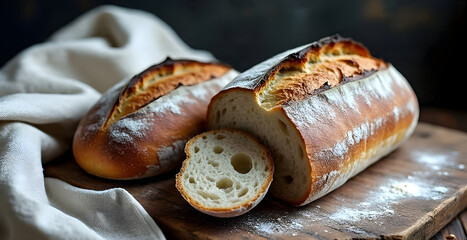 Rustic composition of freshly baked artisan bread loaves on a wooden board, 