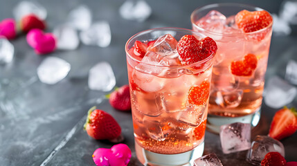 Strawberry mojito cocktail with ice and fresh strawberries on dark background