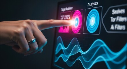 Finger touching screen displaying analytics data with graphs and target audience information present clearly