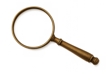 Golden magnifying glass isolated on a transparent background, perfect for adding a touch of vintage elegance to any project