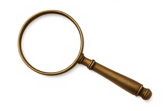 Golden magnifying glass isolated on a transparent background, perfect for adding a touch of vintage elegance to any project