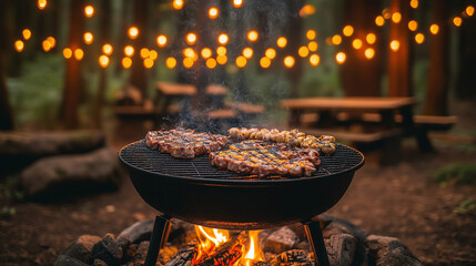 Grilling meat on a barbecue in a forest setting, with glowing string lights illuminating the outdoor dining area, creating a warm and inviting atmosphere for gatherings