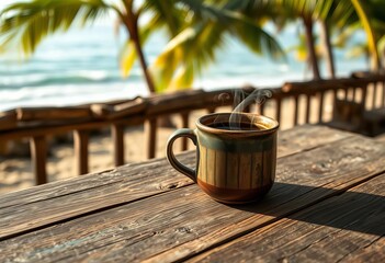 Steam rises from coffee in a rustic mug on weathered wood, ocean and palms blurred behind, coast, calm