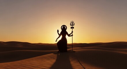 Silhouette of multi armed deity at sunset, standing serene in arid desert expanse