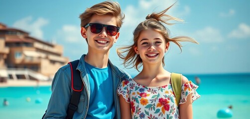 Stylish youth, charming companion, azure backdrop, portrait, visual