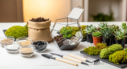 A DIY terrarium kit with a geometric glass container, succulents, moss, soil, and tools on a white table. A concept for indoor gardening, a mindful hobby, creative crafting, and biophilic design.