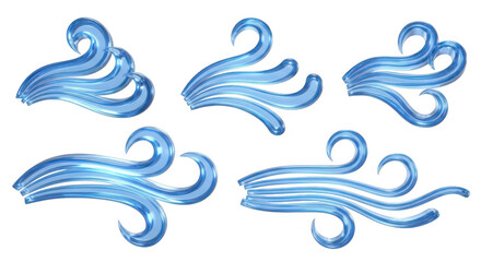 Five stylized blue transparent wind gusts on a white background suitable for illustrating weather design elements or artistic concepts