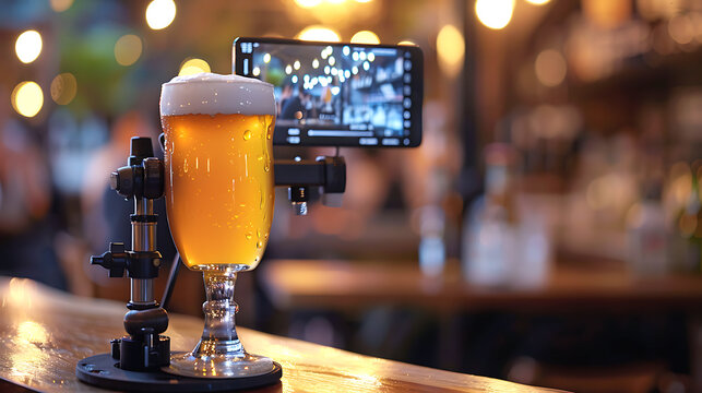 Beer in a glass on the background of the bar and a smartphone - Powered by Adobe