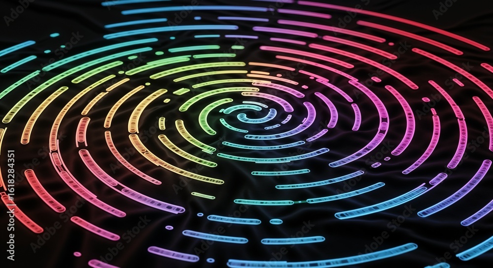 Poster a vibrant spiral pattern with rainbow colored lines on a dark background creating a mesmerizing effe