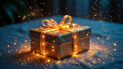 Stunning gift box with golden ribbon and lights, perfect for holiday celebrations or special occasions - Powered by Adobe