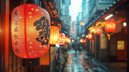 Fototapeta premium Vibrant red paper lanterns illuminate a narrow alleyway, reflecting on wet pavement, creating a warm and inviting atmosphere in an urban setting during twilight hours