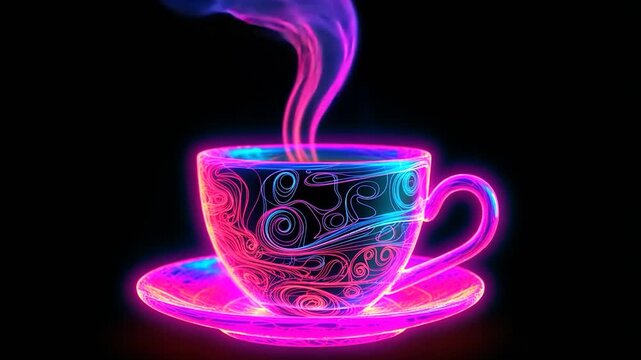 A cup of hot drink with a neon effect. Night cafe. Ordering coffee.
