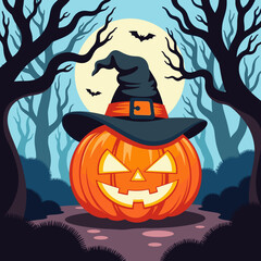 Orange Halloween pumpkin with witch hat in spooky forest at night  