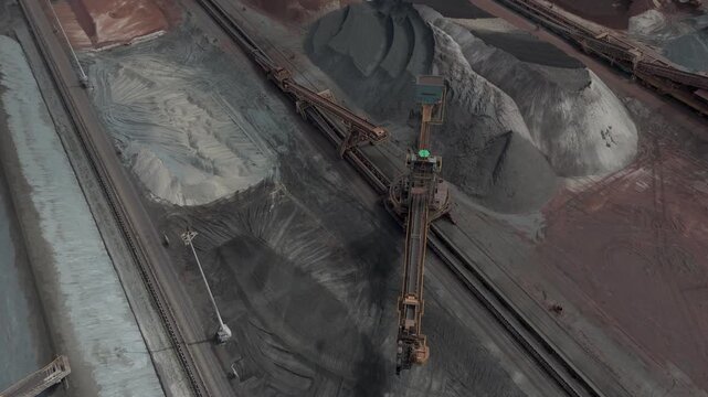 IJmuiden, Netherlands - July 29, 2025. Aerial View of Raw Material Storage and Conveyor Belts at Tata Steel Industrial Site