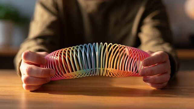 Close-up of hands playing with a colorful rainbow slinky on a wooden table in soft natural light. Relaxing and nostalgic scene highlighting tactile play and sensory stimulation.