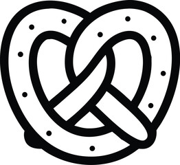 Simple black and white line drawing of a classic pretzel with salt grains isolated on transparent background