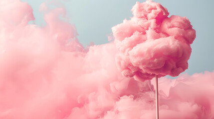 Pink cotton candy on a stick on a background of pink clouds. Toned.