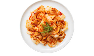 Photo of traditional kimchi on an elegant plate, top view, white background for text or banner. High-quality photo, high resolution, super detailed