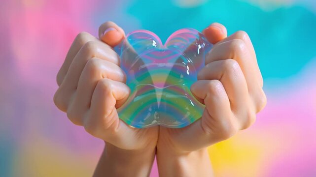Child's hands squeezing a translucent rainbow stress toy against a bright pastel background. Colorful and joyful scene evoking relaxation, sensory play, and emotional relief.