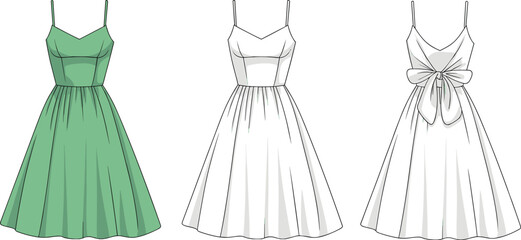 Dress CAD drawing, flat vector sketch, front view fashion illustration, white and green, bow detail, fitted bodice, strap dress design