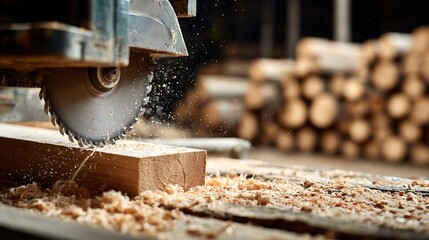 Circular saw cutting wood with sawdust flying in workshop environment showing precision and craftsmanship for carpentry projects and construction work