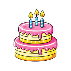 Pink frosted layered cake with three striped candles and glowing flames birthday celebration