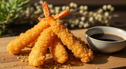 Golden Crispy Shrimp Tempura Skewers with Soy Sauce Dip.