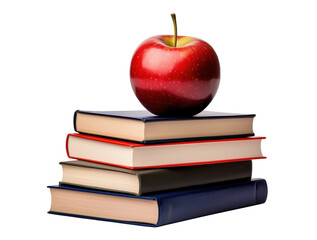 Fresh red apple resting on stack of books against a transparent background for education