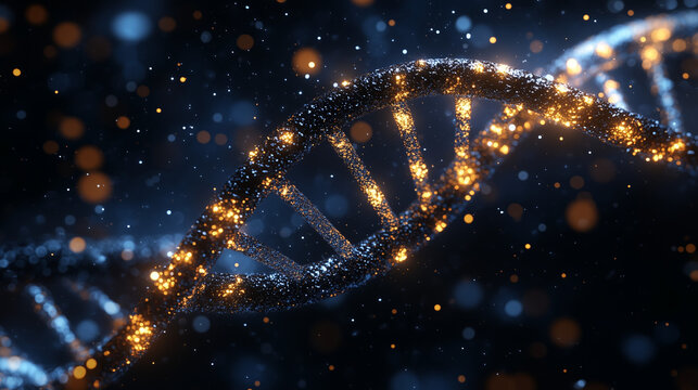 Abstract representation of a DNA double helix structure illuminated with sparkling particles, showcasing the beauty of genetic science and molecular biology in a dark cosmic background - Powered by Adobe