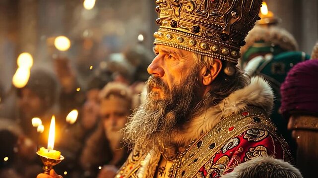 A priest lights a candle during the celebration of Epiphany with other people around