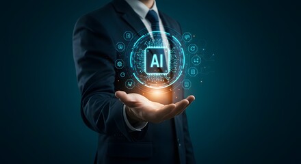 AI Technology Concept: Businessman Holding Digital Artificial Intelligence Chip