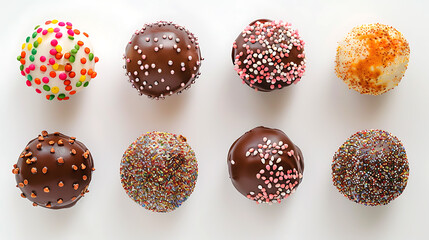 Set of chocolate balls with sprinkles on white background, top view