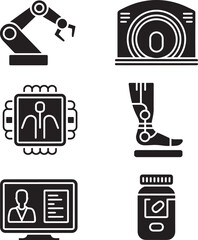 Collection of futuristic technology icons including a robotic arm medical scanner microchip prosthetic leg video call screen and medicine bottle silhouette