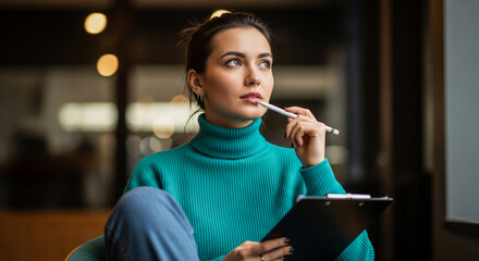 Woman with pen in mouth thinking with clipboard