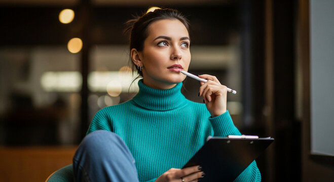 Woman with pen in mouth thinking with clipboard - Powered by Adobe