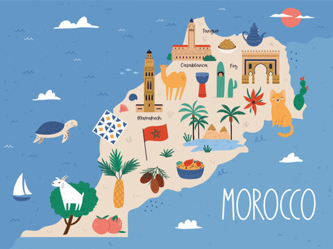 Morocco map with cultural landmarks, traditional architecture, desert nature and ethnic Moroccan elements in cartoon vector style