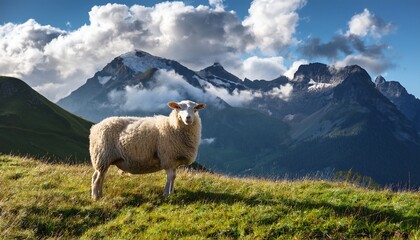 Fototapeta premium a majestic sheep stands on grassland in front of towering mountain peaks and clouds in a panoramic setting