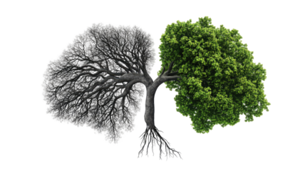 Title: Lungs Symbolizing Contrast Between Life and Death with Dark Green Left Side Isolated on White Background