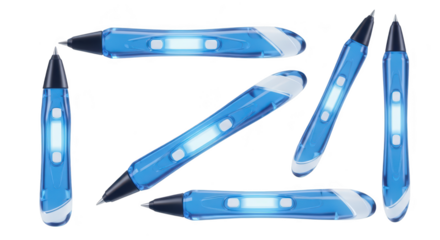 Futuristic blue pens floating angled and isolated on a clean white background ideal for educational or technological product promotion
