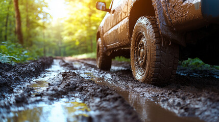 Off-road vehicle with muddy tires navigating through a forest trail, showcasing rugged terrain and natural sunlight filtering through trees, emphasizing adventure and exploration