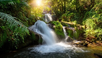 a serene waterfall cascading through lush greenery illuminated by soft rays of sunlight creating a tranquil atmosphere