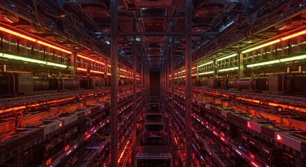 Illuminated crypto mining farm server room showcasing advanced computing infrastructure