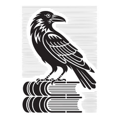 A raven perched on stacked books—symbolizing knowledge, mystery, and gothic wisdom. Vector illustration design.