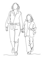 Mother and daughter holding hands and walking.  Woman with phone bag. Continuous line drawing. Black and white vector illustration in line art style.