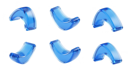 Blue transparent curved abstract objects in a grid pattern isolated on white highlighting design and digital art possibilities