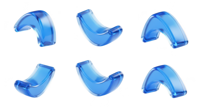 Blue transparent curved abstract objects in a grid pattern isolated on white highlighting design and digital art possibilities