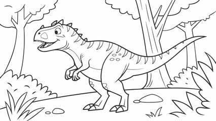 Fototapeta premium Vector Cartoon funny Carnotaurus, funny image in the forest, Coloring book page for children. Line Art isolated on white background