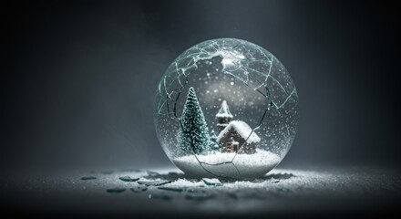 A fractured snow globe, showcasing a miniature winter scene with a church and pine tree, resting on a snowy surface against a somber gray backdrop