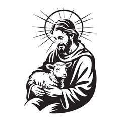 Jesus gently holding a sheep, representing care and divine love in a minimalist black and white form. Vector illustration design.