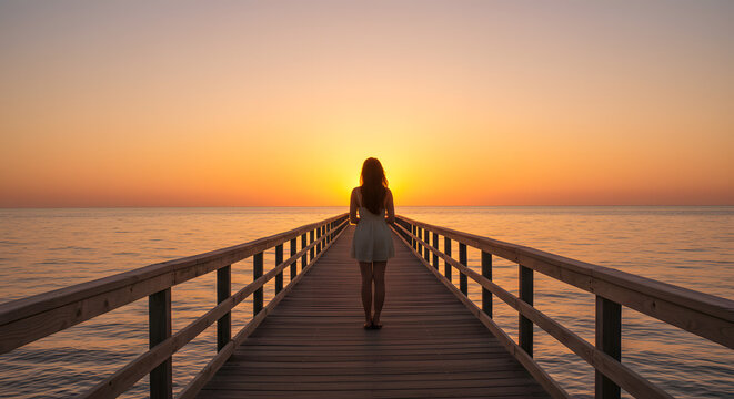 Woman walking on a wooden pier towards the sunset on the ocean shore scenic beauty